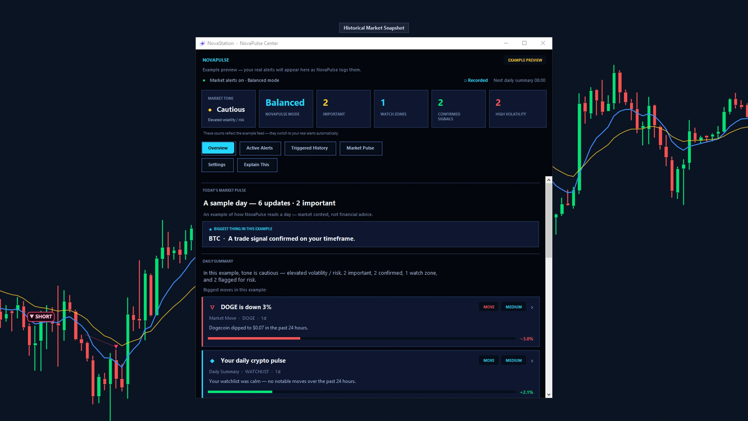 The NovaStation NovaPulse Center in its example-preview state, over a recorded market snapshot: market tone, alert mode, and counts for important, confirmed, watch-zone and high-volatility items; tabs for overview, active alerts, triggered history and market pulse; and a sample day's feed. The window states that this is an example preview and that your own alerts replace it as NovaPulse logs them.