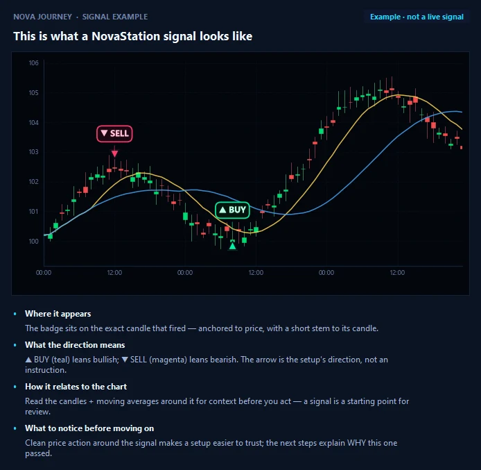 NovaStation's built-in signal example: an illustrative chart labeled 'Example - not a live signal' showing where BUY and SELL badges sit on the candle that fired, with plain-language notes on how to read them.