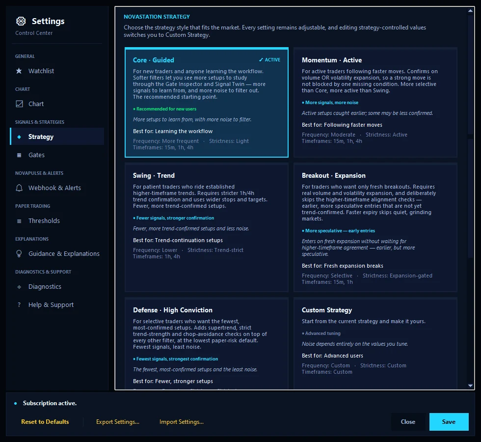 The NovaStation Strategy settings screen in dark mode: six preset cards — Core Guided (active), Momentum Active, Swing Trend, Breakout Expansion, Defense High Conviction and Custom Strategy — each describing who it is for and its tradeoff, with a note that strategies do not guarantee results.