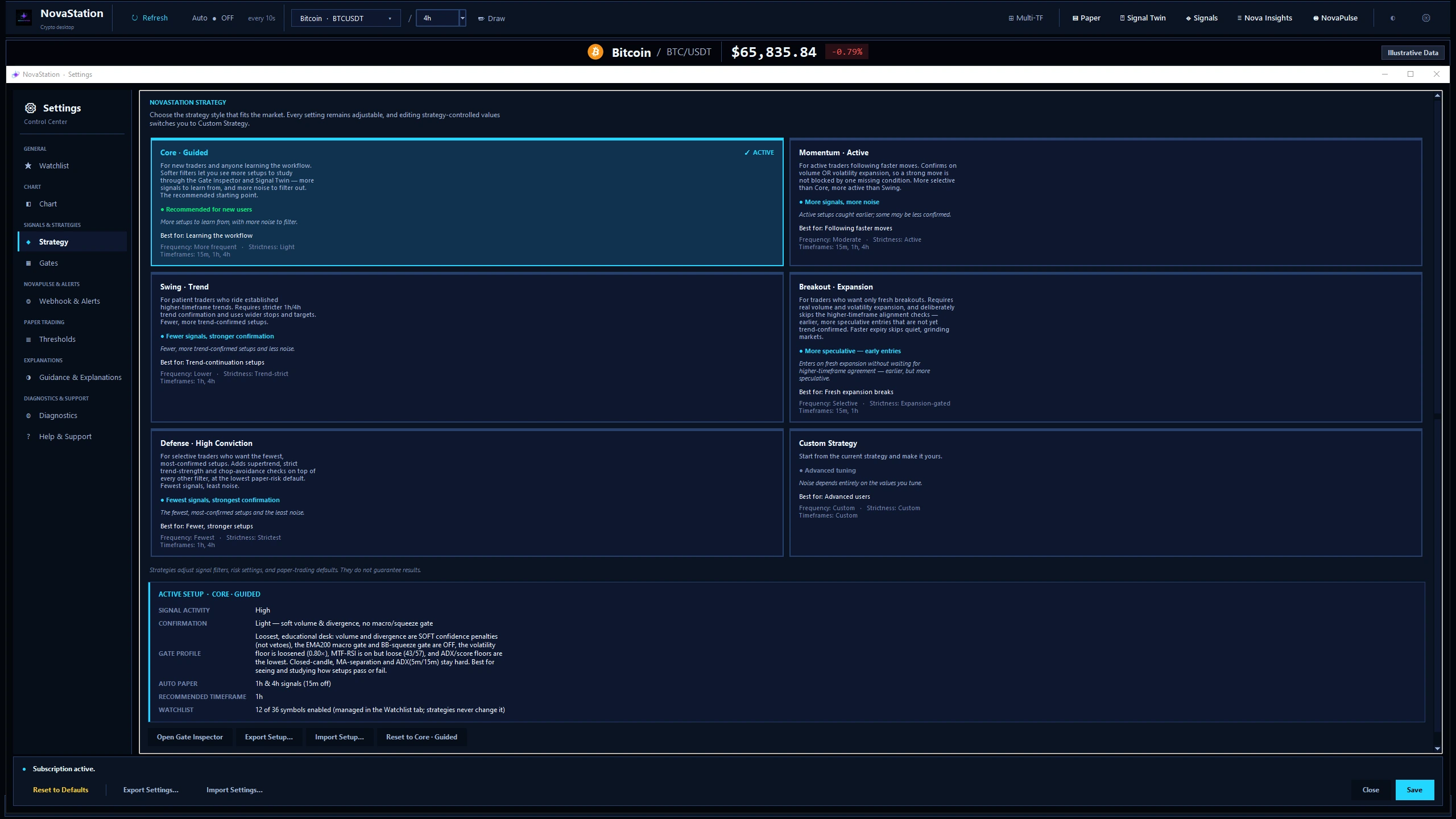 The NovaStation Strategy settings screen in dark mode: six preset cards — Core — Guided (active), Momentum — Active, Swing — Trend, Breakout — Expansion, Defense — High Conviction and Custom Strategy — each describing who it is for and its tradeoff in signal frequency, strictness and timeframes, above a summary of the active setup and a note that strategies do not guarantee results.
